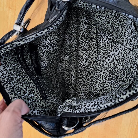 Donna Sharp Black Quilted Bag Purse w/ Detachable Plastic Cover Cheetah Lining - Picture 14 of 16